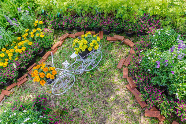 Planta de bicicleta branca vintage Flatlay e decoração de vaso de flores no acolhedor jardim de flores em casa no verão
. - Foto, Imagem