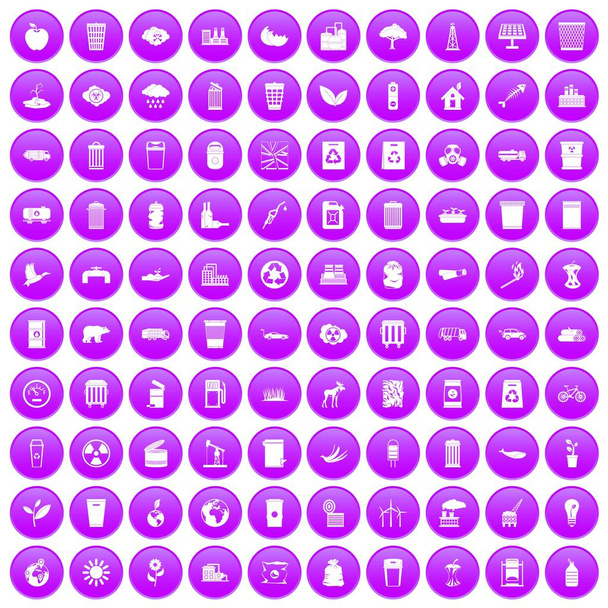 100 ecology icons set purple - Vecteur, image