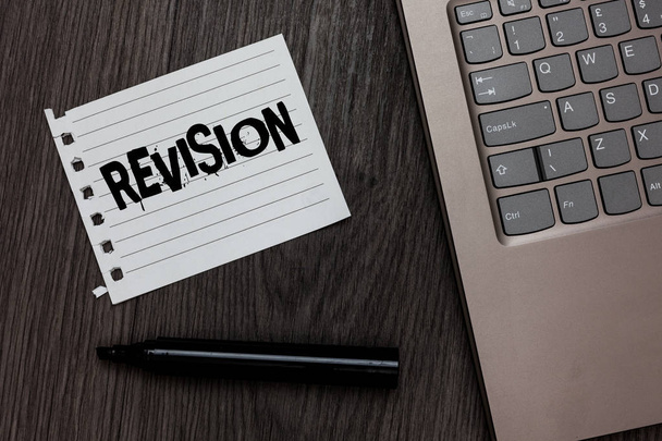 Word writing text Revision. Business concept for Rechecking Before Proceeding Self Improvement Preparation Laptop nice computer notebook netbook pen small pitch paper pen wood - Photo, Image