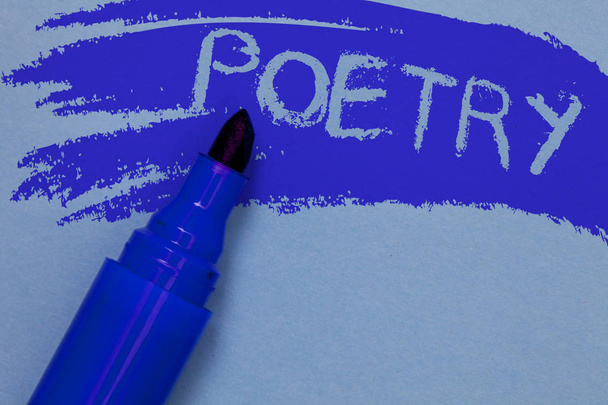 Írásbeli Megjegyzés mutatja a költészet. Üzleti fénykép bemutató irodalmi dolgozik a ritmus versek írása félkövér kék jelölő színe vázlat munka típusú ötlet szöveget tisztán látható háttér érzések ötletek kifejezése - Fotó, kép