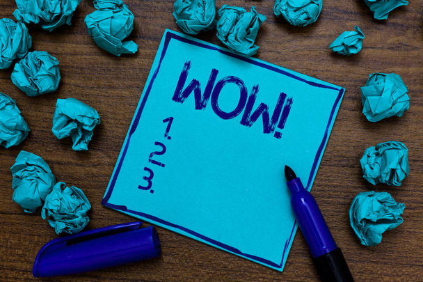 Handwriting text Wow Motivational Call. Concept meaning Expression of somebody speechless amazed overjoyed Cyan paper imagination idea thoughts mistakes several tries marker pen - Photo, Image
