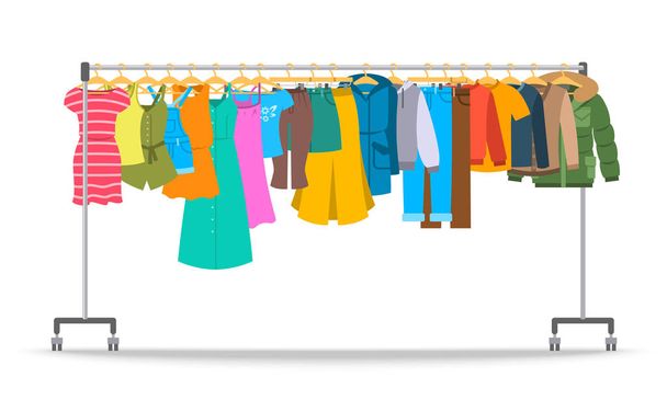Men and women casual clothes on hanger rack. Flat style vector illustration. Male and female apparel hanging on shop rolling display stand. New fashion collection. Seasonal sale concept - Vector, Image