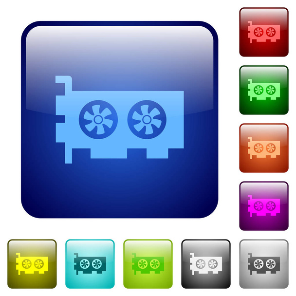丸みを帯びた正方形の色の光沢のあるボタンのコンピューターのビデオ カードのアイコンを設定します。 - ベクター画像