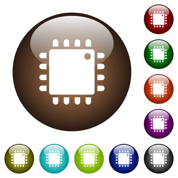 Computer processor witte pictogrammen op knoppen in ronde kleur glas - Vector, afbeelding