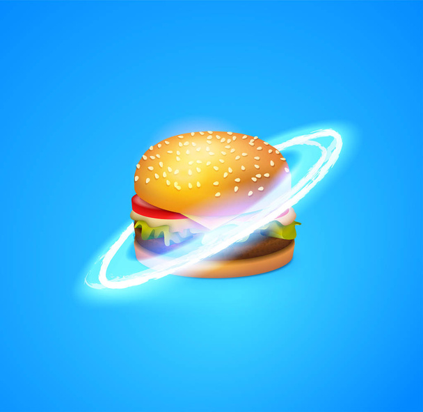 Fast-Food-Planet. schöner Burger mit glänzenden Ringen. Stilvektorillustration, Folge 10. - Vektor, Bild