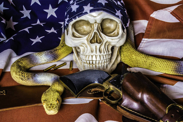 menselijke schedel met Amerikaanse vlag schedel GLB en lederen holster en zwarte revolver en grote gele slang op de Amerikaanse vlag - Foto, afbeelding