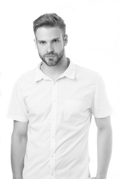Man bearded and stylish. Fashion man in shirt isolated on white background. Casual in style. Hair and barber salon. Handsome and confident, black and white - Fotoğraf, Görsel