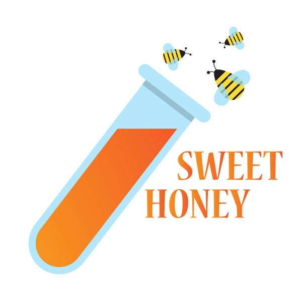kémcsőbe édes méz, méhek és édes folyadék, vektor kép, lapos kivitel - Vektor, kép