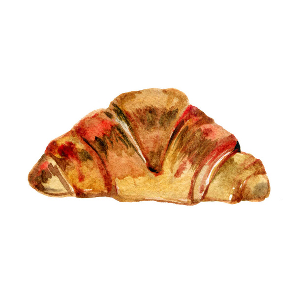 friss croissant-t elszigetelt akvarell illusztráció. kézzel rajzolt hagyományos francia reggeli kenyér - Fotó, kép