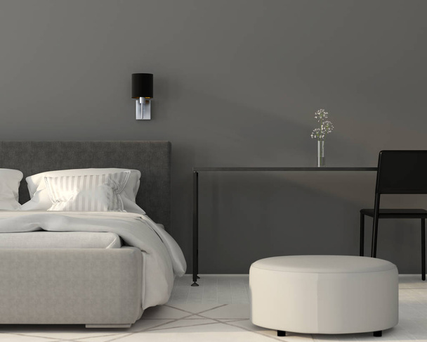 Ilustración 3D. Interior minimalista gris del dormitorio con lugar de trabajo
 - Foto, imagen