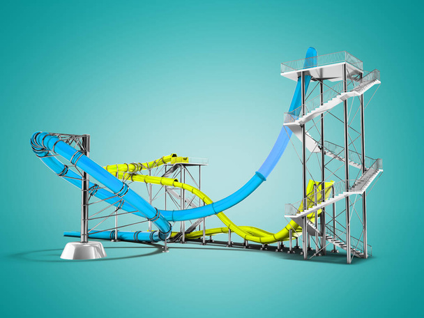 Moderne blauw geel water slides amusement voor het waterpark achter 3D-rendering op blauwe achtergrond met schaduw - Foto, afbeelding