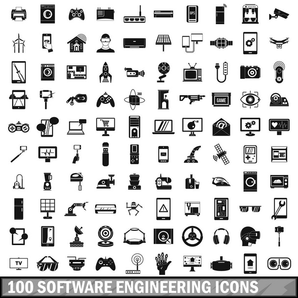 100 softwarového inženýrství ikony nastavit, jednoduchý styl  - Vektor, obrázek
