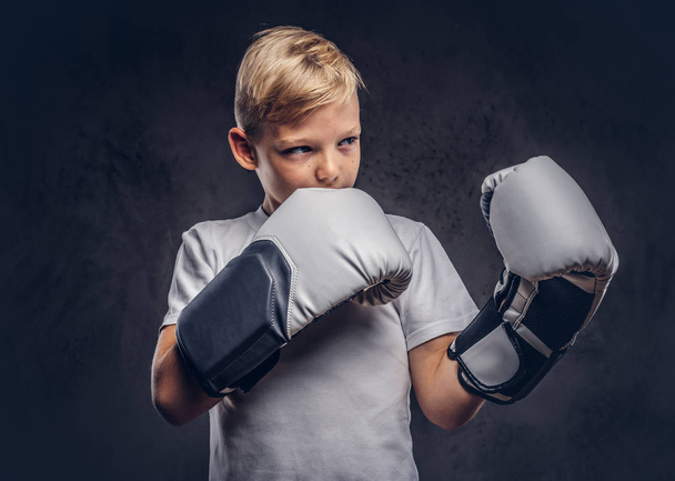A handsome little boy boxer with blonde hair dressed in a white t-shirt in gloves ready to fight. Isolated on the dark textured background. - Photo, Image