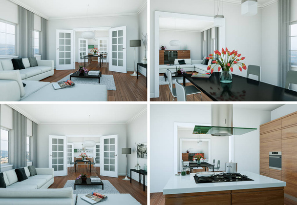 Quatre vues du design moderne du loft intérieur
 - Photo, image
