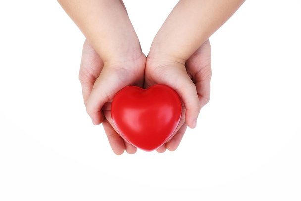 Erwachsene und Kind Hand hält rotes Herz, Konzept der Liebe und Gesundheitsfürsorge, Familienversicherung. Weltherztag, Weltgesundheitstag. Valentinstag. Isolierte Herzform auf weißem Hintergrund. - Foto, Bild