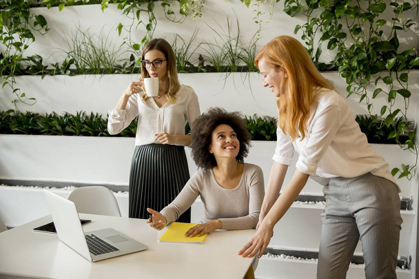Весёлые профессиональные многорасовые женщины, работающие и представляющие данные в современном офисе
 - Фото, изображение