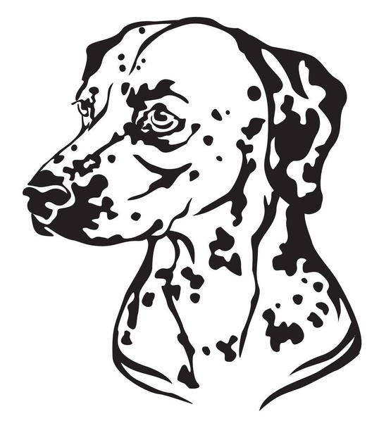 Portrait décoratif en profil de Chien Dalmatien, illustration vectorielle isolée en couleur noire sur fond blanc. Image pour le design et le tatouage
.  - Vecteur, image