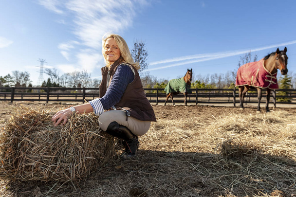 Uma bela treinadora de cavalos loira cuida de seus cavalos em uma fazenda
 - Foto, Imagem