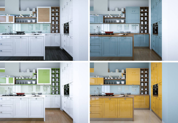 čtyři barevné varianty moderní kuchyně s nádherným designem - Fotografie, Obrázek