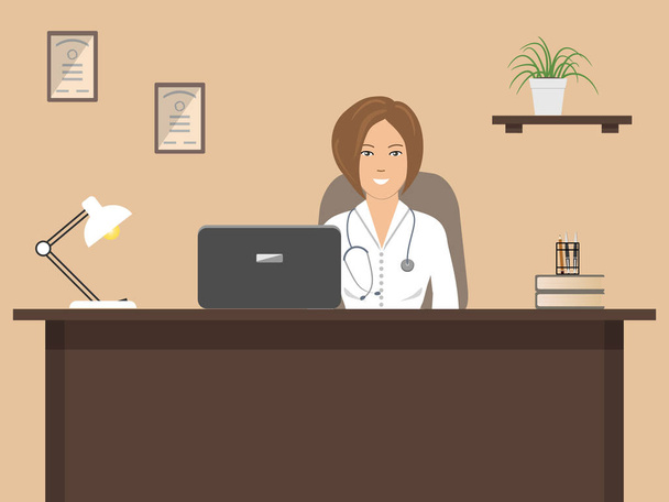De arts van de werkplek. Een vrouwelijke dokter in een witte robe zit aan de tafel. Er is een laptop, een lamp, diploma's en een bloem in de afbeelding. Vectorillustratie - Vector, afbeelding