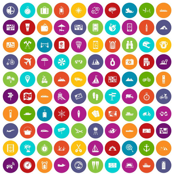 100 reizen pictogrammen voor kleurweergave instellen - Vector, afbeelding