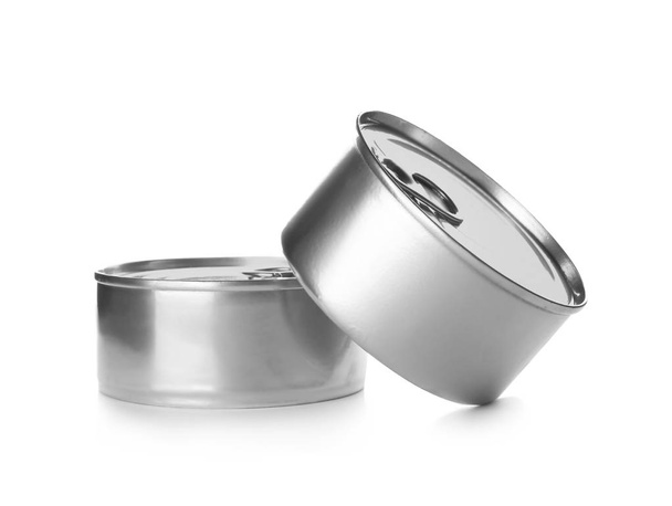 Mockup of tin cans with food on white background - Fotoğraf, Görsel