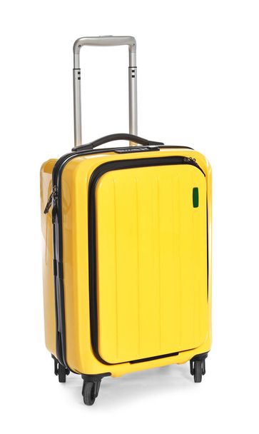 Bright yellow suitcase on white background - Фото, изображение