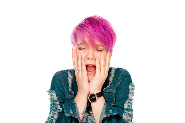 Closeup portrait stressed frustrated woman yelling screaming eyes closed crying having temper tantrum isolated on white background in studio. Negative human emotion facial expression reaction attitude - 写真・画像