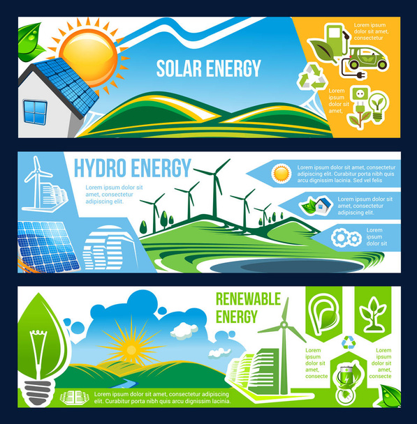 Solar, wind and hydro energy banner for ecology and environment friendly power. Green house, sun panel, wind turbine and hydro station poster with energy saving light bulb, recycling sign and eco car - Vector, Image