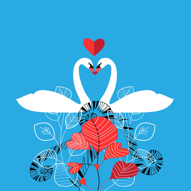 Illustration of enamored white swans on a blue background - Vetor, Imagem
