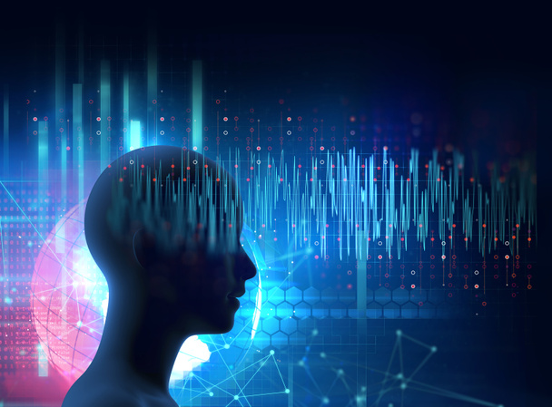 silhouet van virtuele mens op hersenen delta wave vorm 3d illustratie, vertegenwoordigen meditatie en diepe slaap therapie - Foto, afbeelding