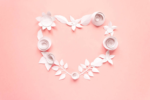 Heart frame with white paper flowers on pink background. Cut from paper. - 写真・画像