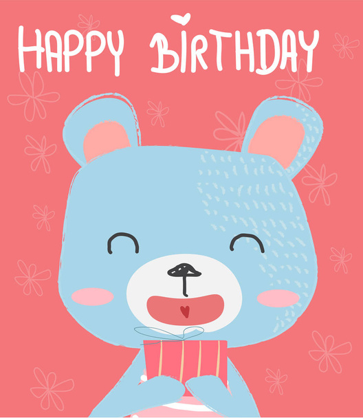 hand drawn cartoon cute bear holding a  gift box for birthday card - Vector, Image