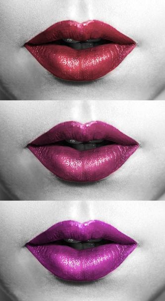 Lippen aus nächster Nähe. Farbpalette violett, dunkelviolett getönt. Perfektes Make-up. Ideales Image für die Werbung für die professionelle Kosmetik (Lippenstift, Lipgloss usw.)). - Foto, Bild
