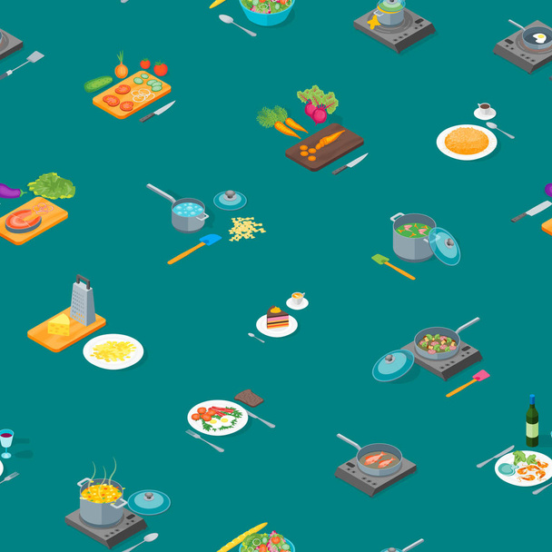 Cooking or Preparation Food Seamless Pattern Background Isometric View. Vector - Vektor, obrázek