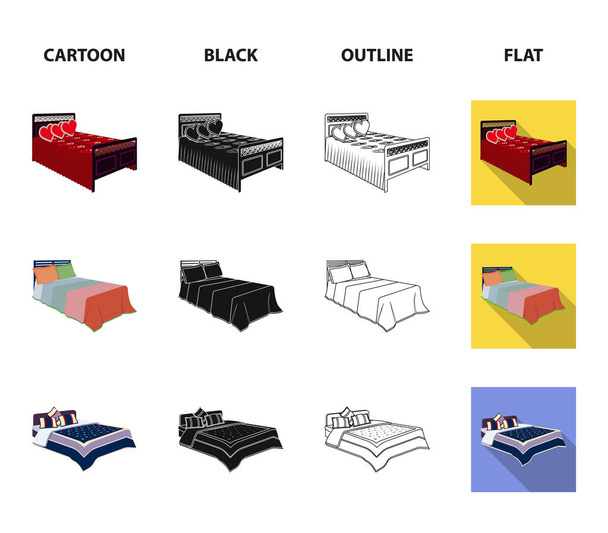 Diferentes camas de dibujos animados, negro, contorno, iconos planos en la colección de conjuntos para el diseño. Muebles para dormir vector isométrico símbolo stock web ilustración
. - Vector, imagen