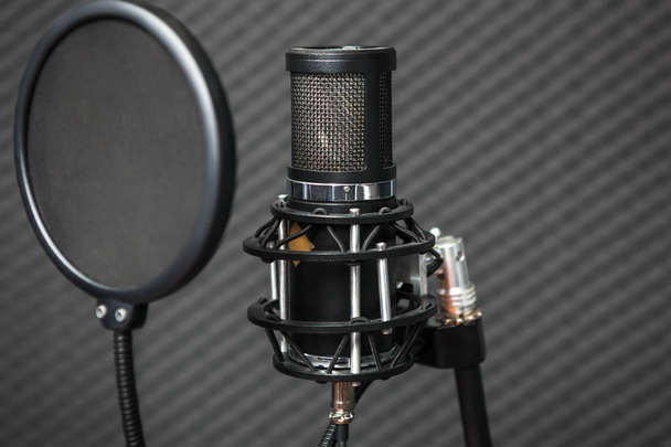 Professional condenser studio microphone against foam acoustic panels. - Zdjęcie, obraz