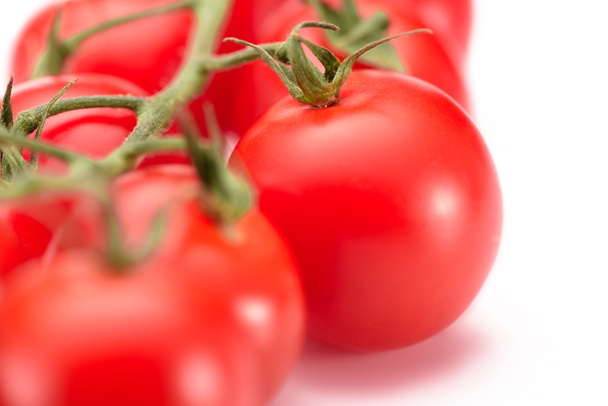 selective focus of fresh cherry tomatoes on twig on white background - Foto, Bild