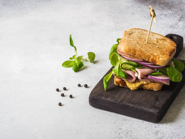 Homemade sandwich with meat, lettuce, red onion rings, cucumber and dijon mustard - Fotografie, Obrázek