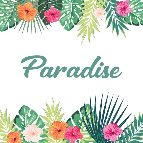 green summer tropical background with palm leaves and exotic flowers, summer floral card - Διάνυσμα, εικόνα