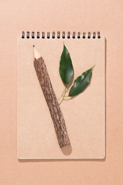 вид сверху на деревянный карандаш с зелеными листьями на пустой блокнот на бежевом
 - Фото, изображение