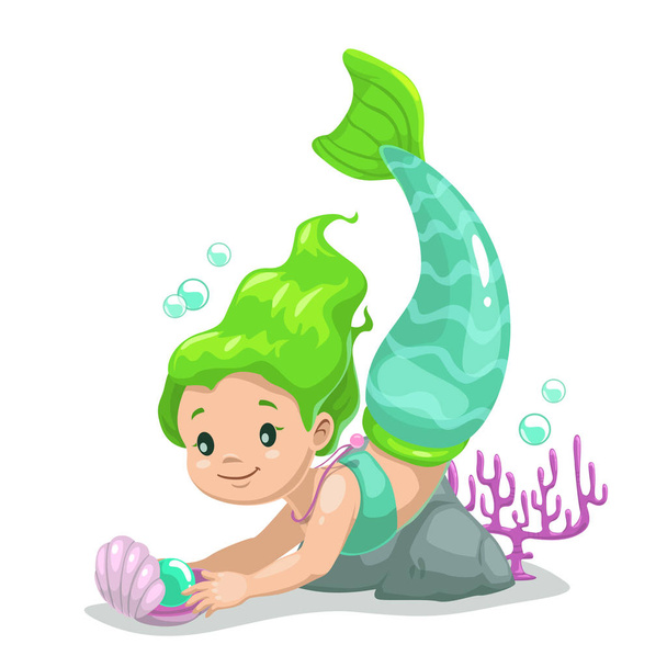 Little cute cartoon young mermaid princess - Wektor, obraz