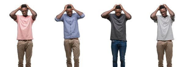 Collage di afroamericani che indossano abiti diversi e soffrono di mal di testa disperato e stressato perché il dolore e l'emicrania. Mani sopra la testa
. - Foto, immagini