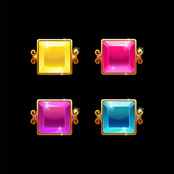 Set colorful square buttons with golden border. - ベクター画像