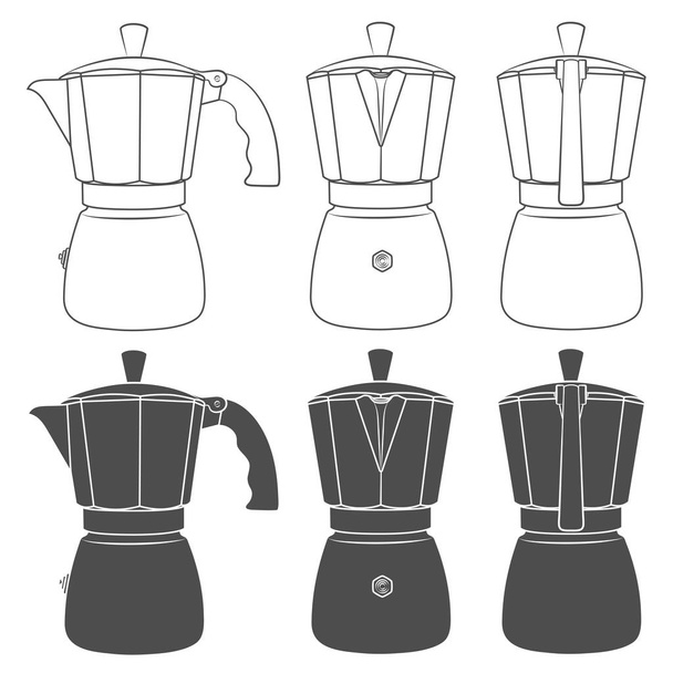 Set of black and white illustrations of geyser coffee makers. Isolated vector objects on white background. - Vector, afbeelding