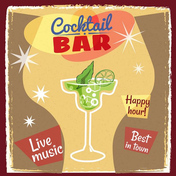 Σχεδιασμός αφίσας ρετρό cocktailbar. Εκλεκτής ποιότητας αφίσα, ευτυχισμένος ώρα, κάρτα για μπαρ ή εστιατόριο. Διάνυσμα, απομονωμένο - Διάνυσμα, εικόνα