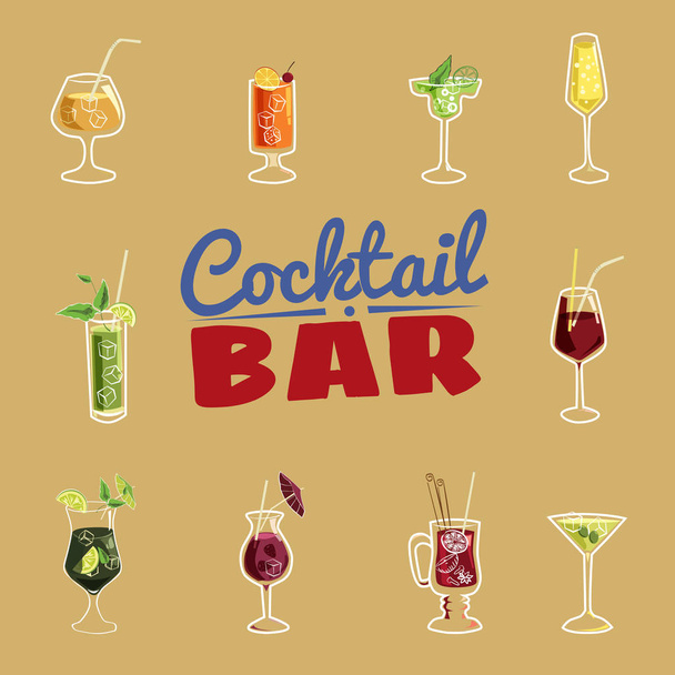 Set of ten beautiful illustration of some of the most famous Cocktails and Drink from all around the world, icon, vector illustration - Вектор,изображение