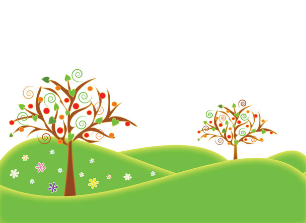 Ilustraciones de fondo temporada de verano con árboles frutales en el paisaje. Formato vector y jpg
. - Vector, imagen