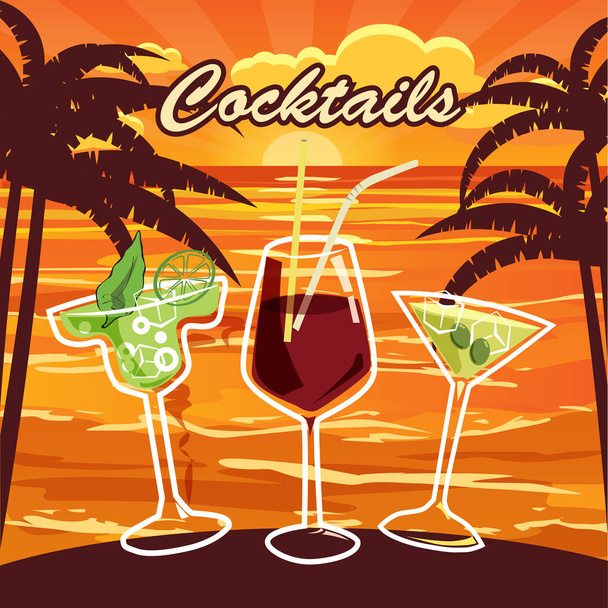 Set of beautiful illustration of some of the most famous Cocktails and Drink from all around the world, sunset, ocean, palms, icon, vector illustration - Вектор,изображение