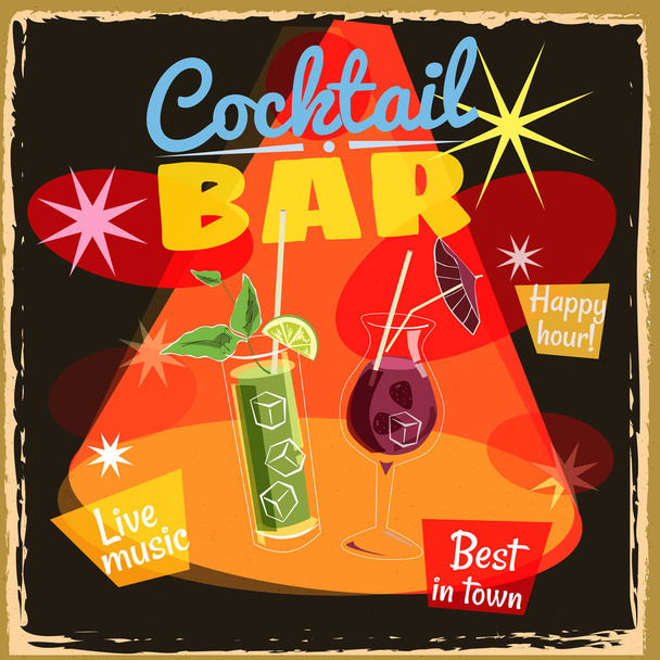 Σχεδιασμός αφίσας ρετρό cocktailbar. Εκλεκτής ποιότητας αφίσα, ευτυχισμένος ώρα, κάρτα για μπαρ ή εστιατόριο. Διάνυσμα, απομονωμένο - Διάνυσμα, εικόνα